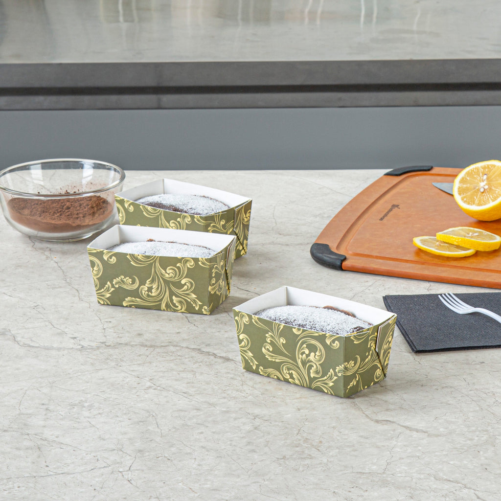Bake Tek 9 oz Dark Green Vintage Floral Paper Mini Baking Loaf Pan - Greaseproof - 4" x 2 1/4" x 2" - 100 count box