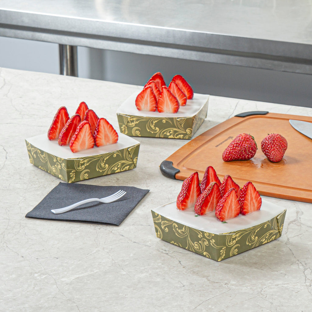 Bake Tek 8 oz Dark Green Vintage Floral Paper Baking Tray - Greaseproof - 4 1/4" x 4 1/4" x 1 1/2" - 100 count box