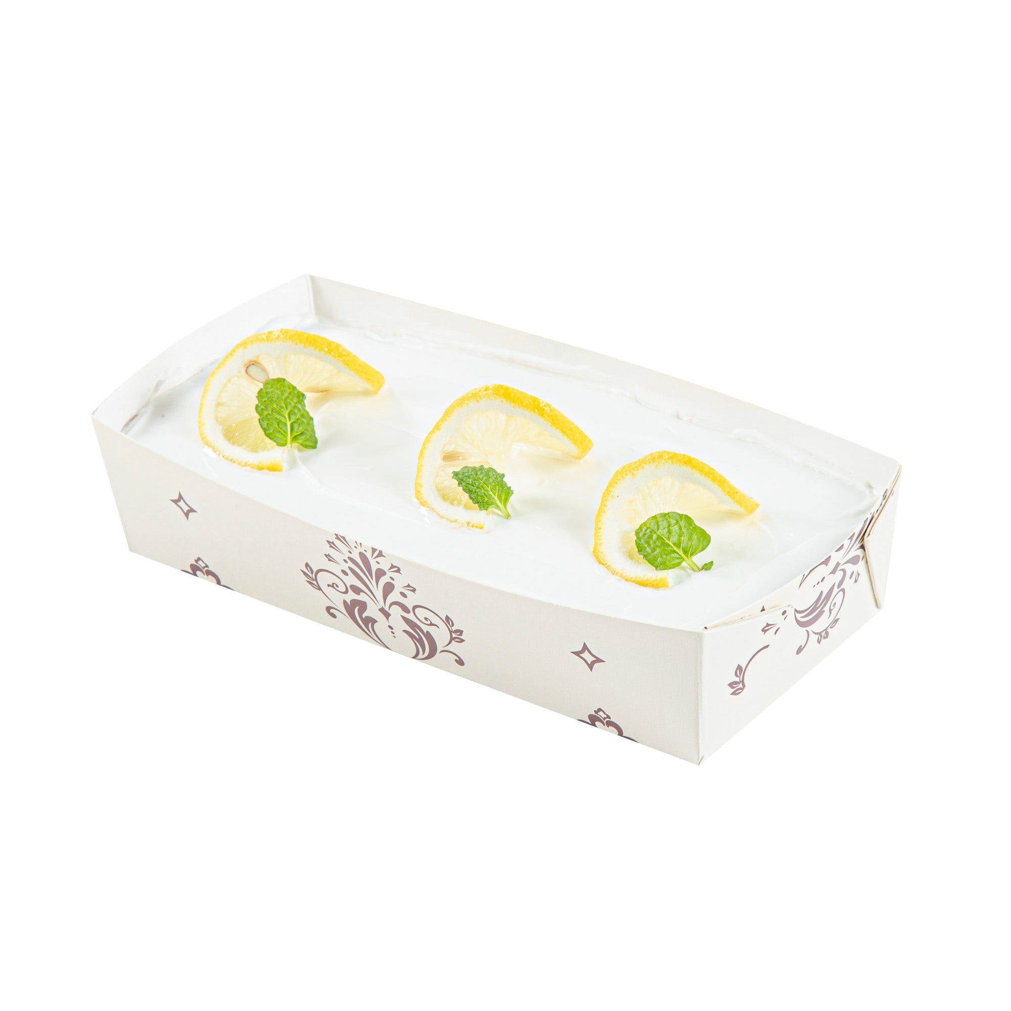 Bake Tek 14 oz Beige Vintage Floral Paper Baking Tray - Greaseproof - 7 3/4" x 3 1/2" x 1 3/4" - 100 count box