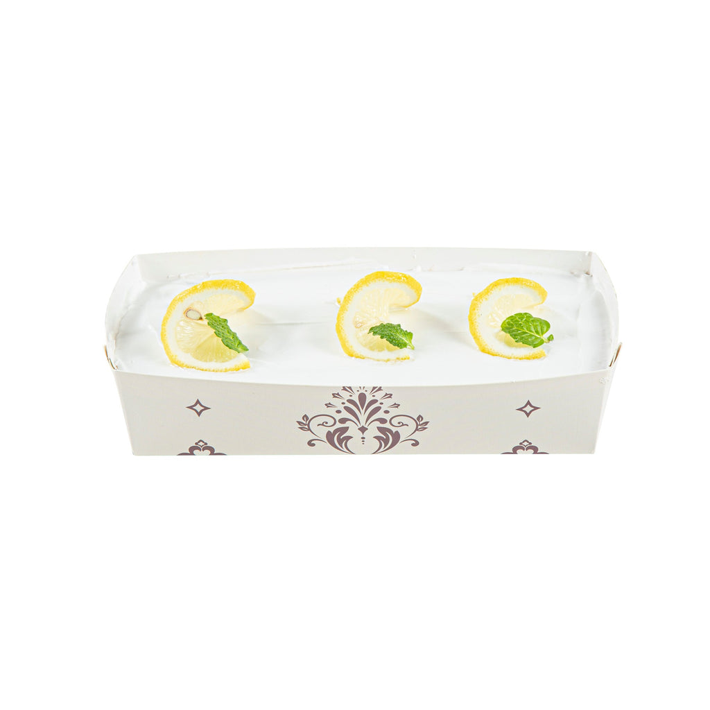 Bake Tek 14 oz Beige Vintage Floral Paper Baking Tray - Greaseproof - 7 3/4" x 3 1/2" x 1 3/4" - 100 count box