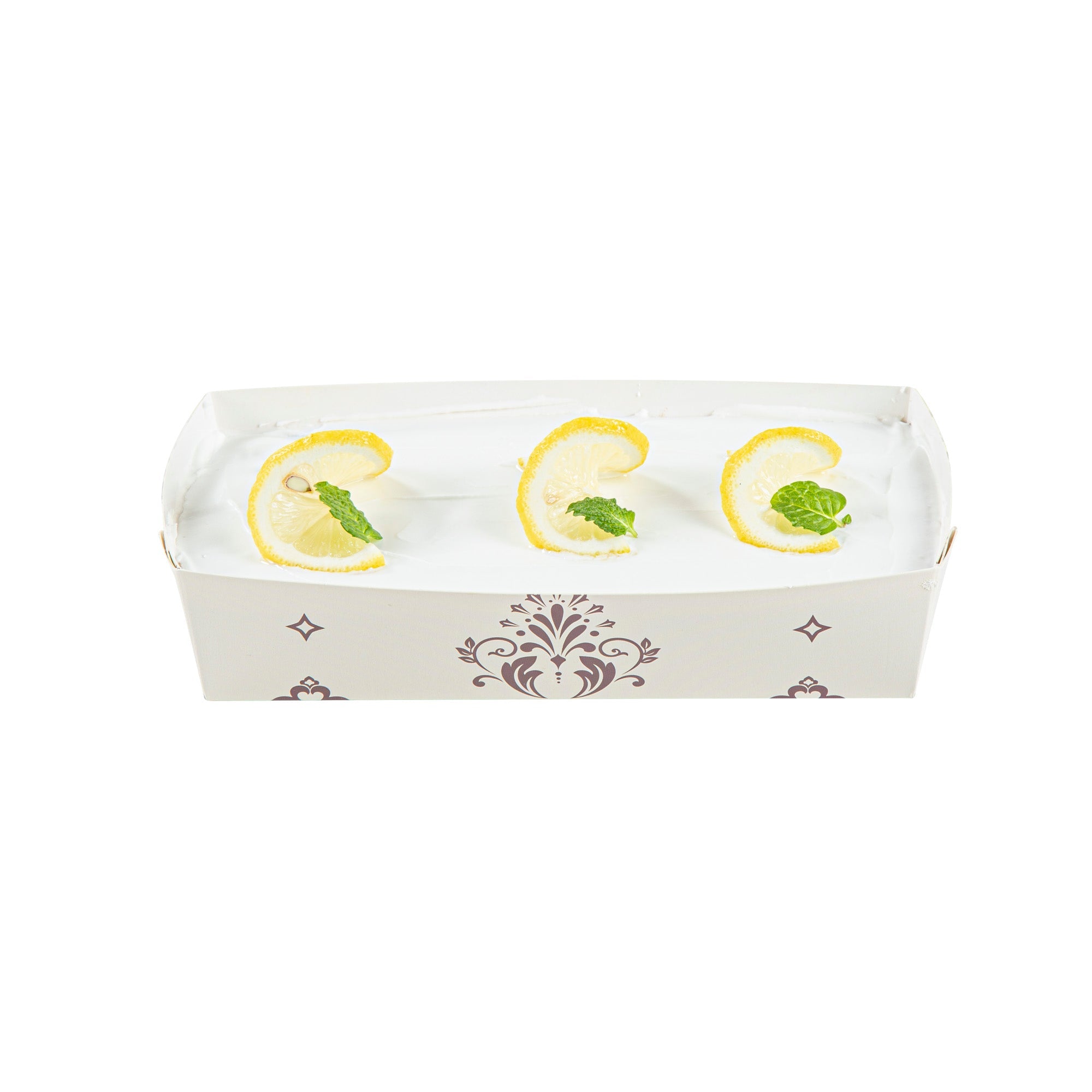 Bake Tek 14 oz Beige Vintage Floral Paper Baking Tray - Greaseproof - 7 3/4" x 3 1/2" x 1 3/4" - 100 count box