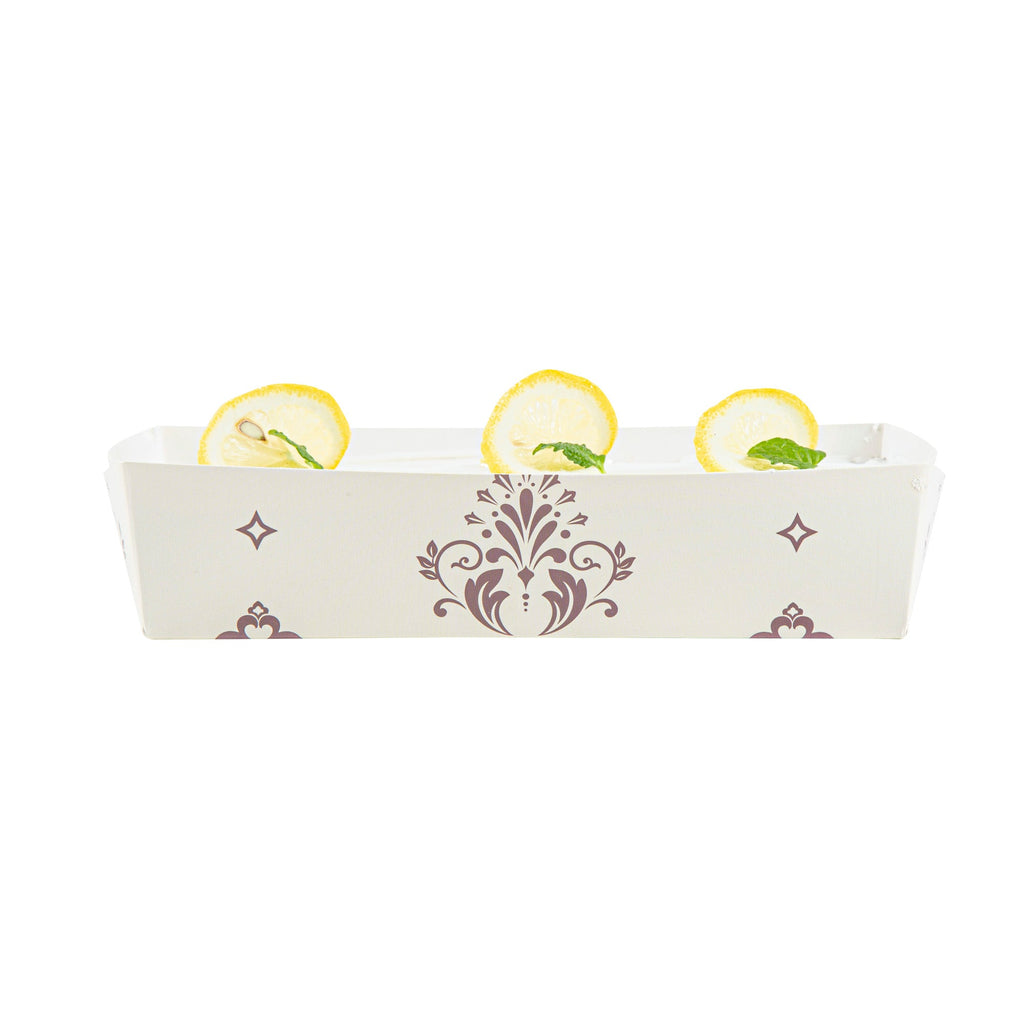 Bake Tek 14 oz Beige Vintage Floral Paper Baking Tray - Greaseproof - 7 3/4" x 3 1/2" x 1 3/4" - 100 count box
