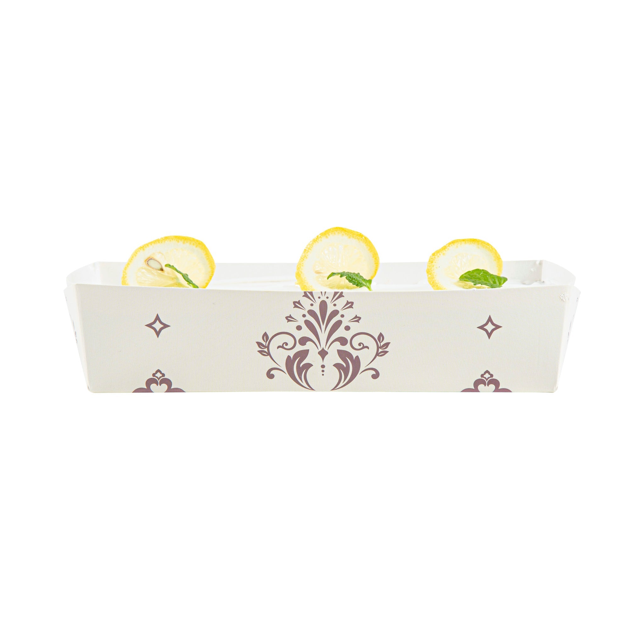 Bake Tek 14 oz Beige Vintage Floral Paper Baking Tray - Greaseproof - 7 3/4" x 3 1/2" x 1 3/4" - 100 count box