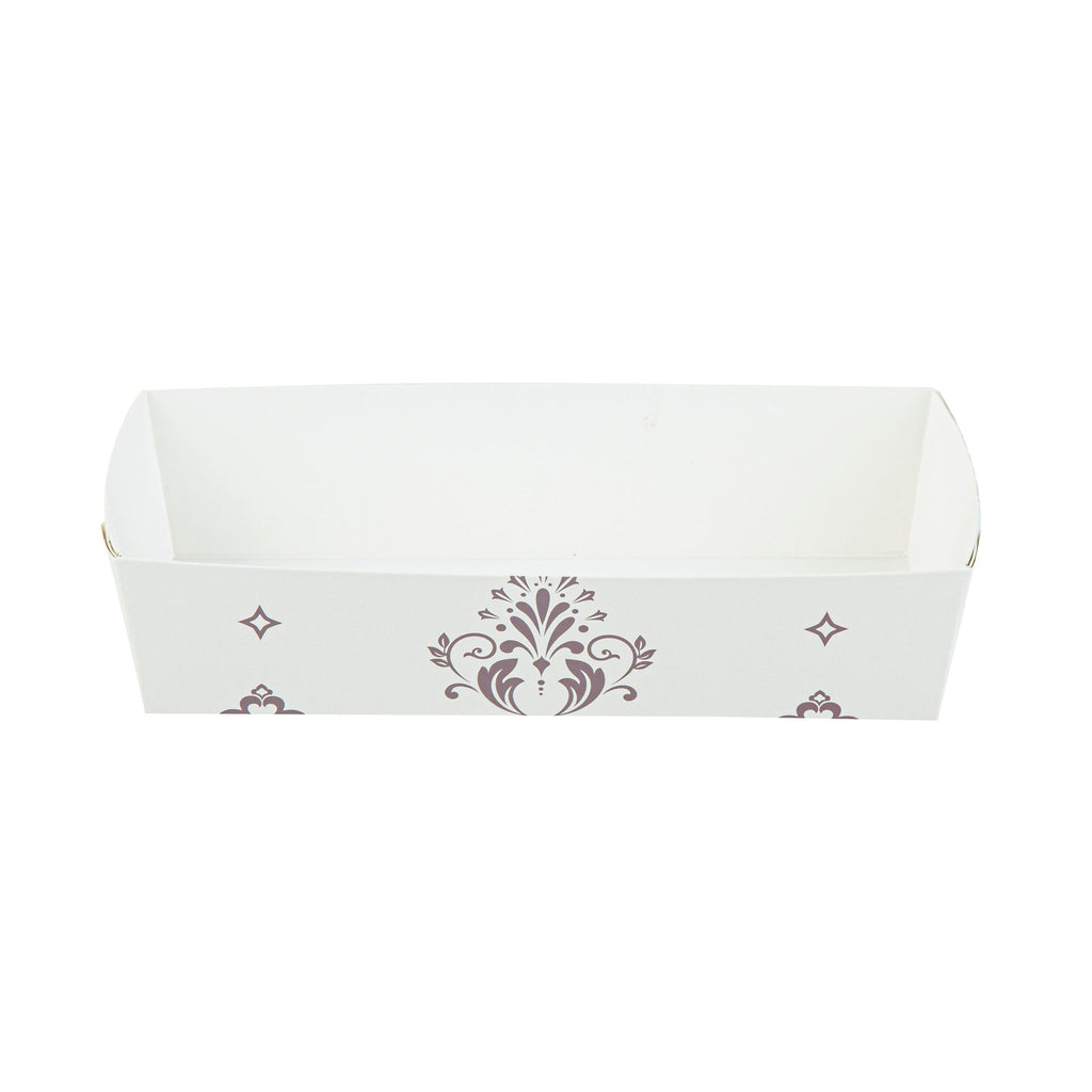 Bake Tek 14 oz Beige Vintage Floral Paper Baking Tray - Greaseproof - 7 3/4" x 3 1/2" x 1 3/4" - 100 count box