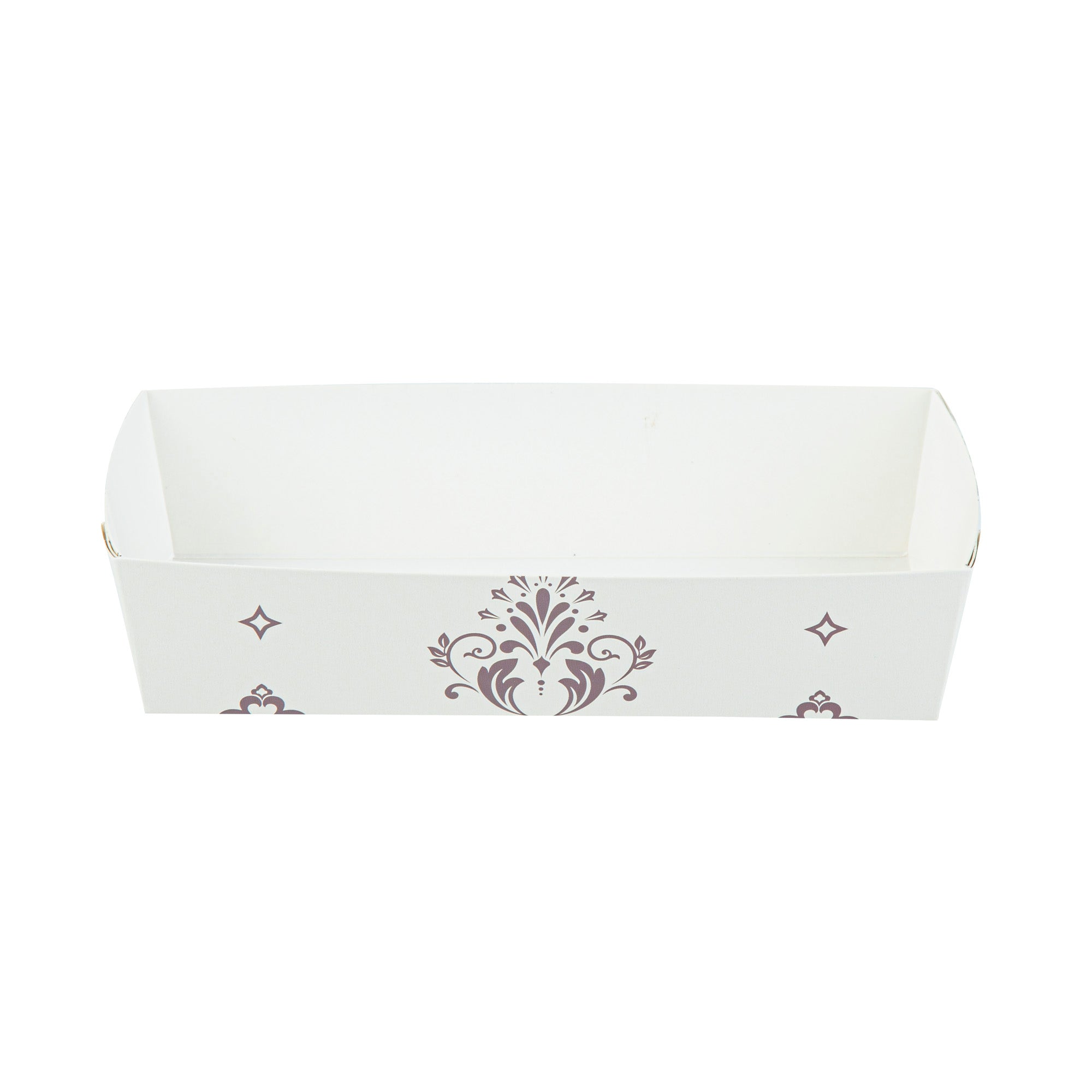 Bake Tek 14 oz Beige Vintage Floral Paper Baking Tray - Greaseproof - 7 3/4" x 3 1/2" x 1 3/4" - 100 count box