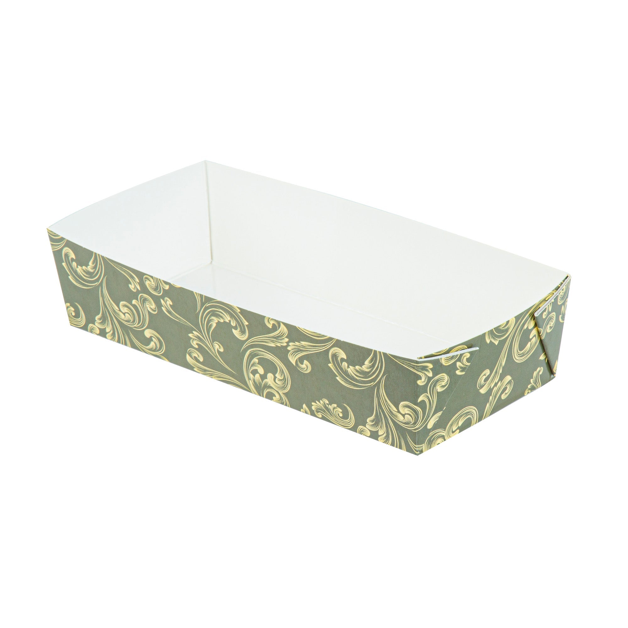 Bake Tek 14 oz Dark Green Vintage Floral Paper Baking Tray - Greaseproof - 7 3/4" x 3 1/2" x 1 3/4" - 100 count box