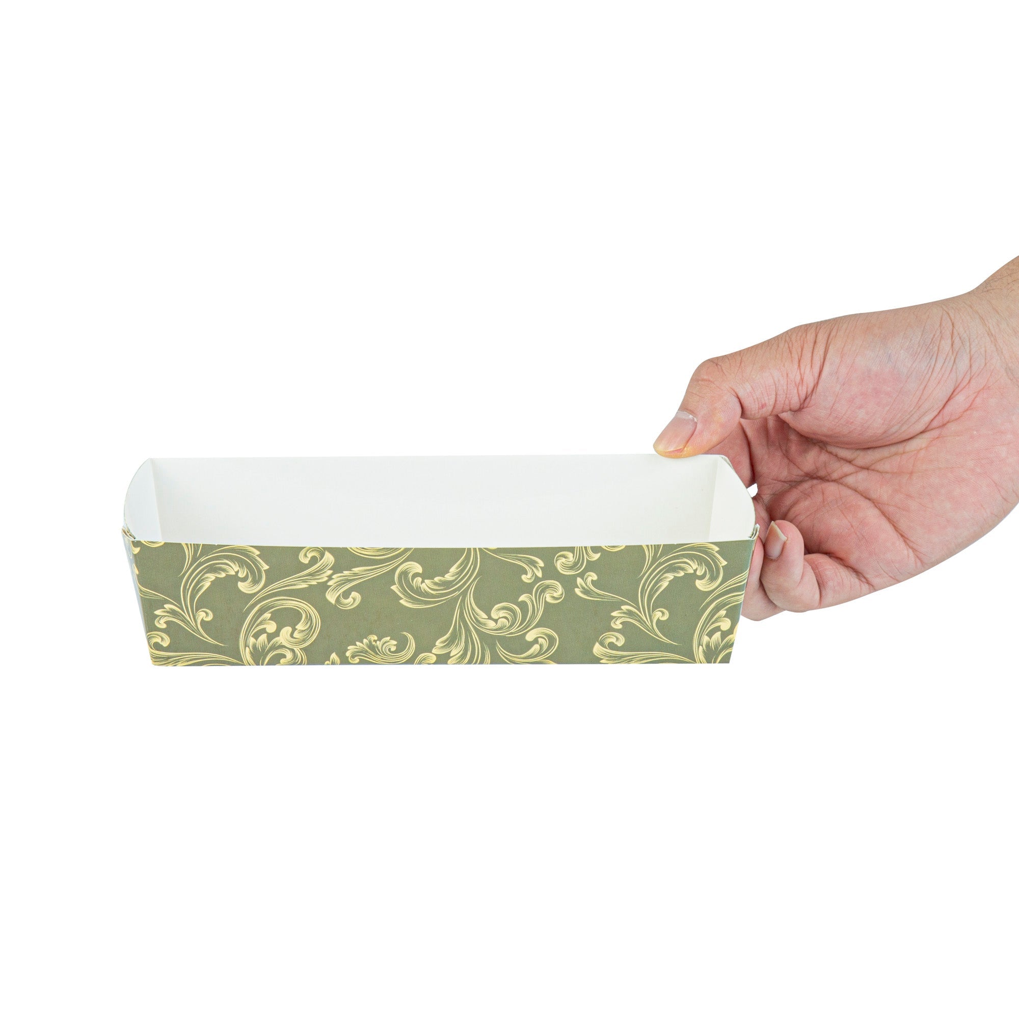 Bake Tek 14 oz Dark Green Vintage Floral Paper Baking Tray - Greaseproof - 7 3/4" x 3 1/2" x 1 3/4" - 100 count box