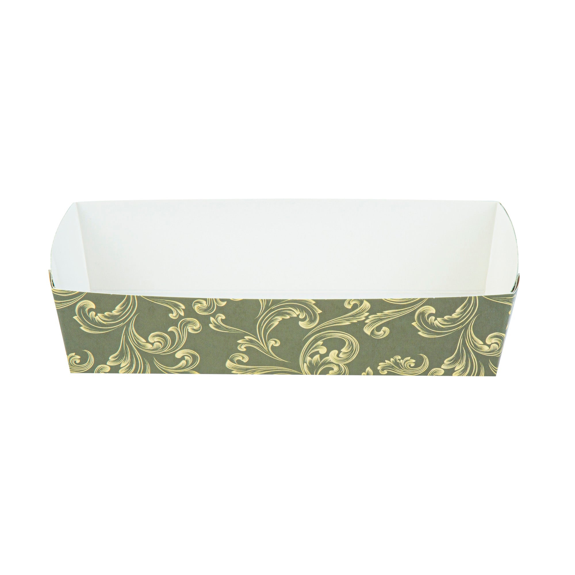 Bake Tek 14 oz Dark Green Vintage Floral Paper Baking Tray - Greaseproof - 7 3/4" x 3 1/2" x 1 3/4" - 100 count box