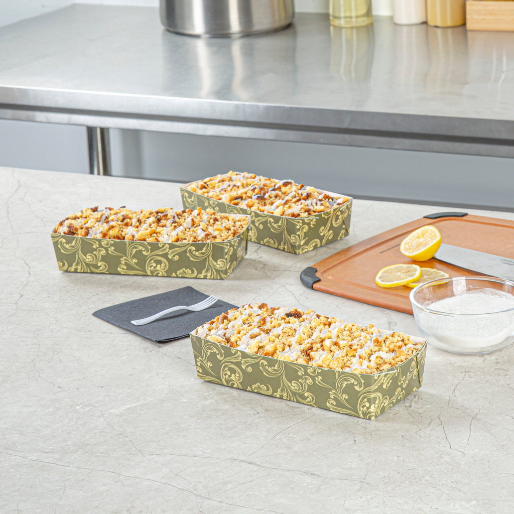 Bake Tek 14 oz Dark Green Vintage Floral Paper Baking Tray - Greaseproof - 7 3/4" x 3 1/2" x 1 3/4" - 100 count box