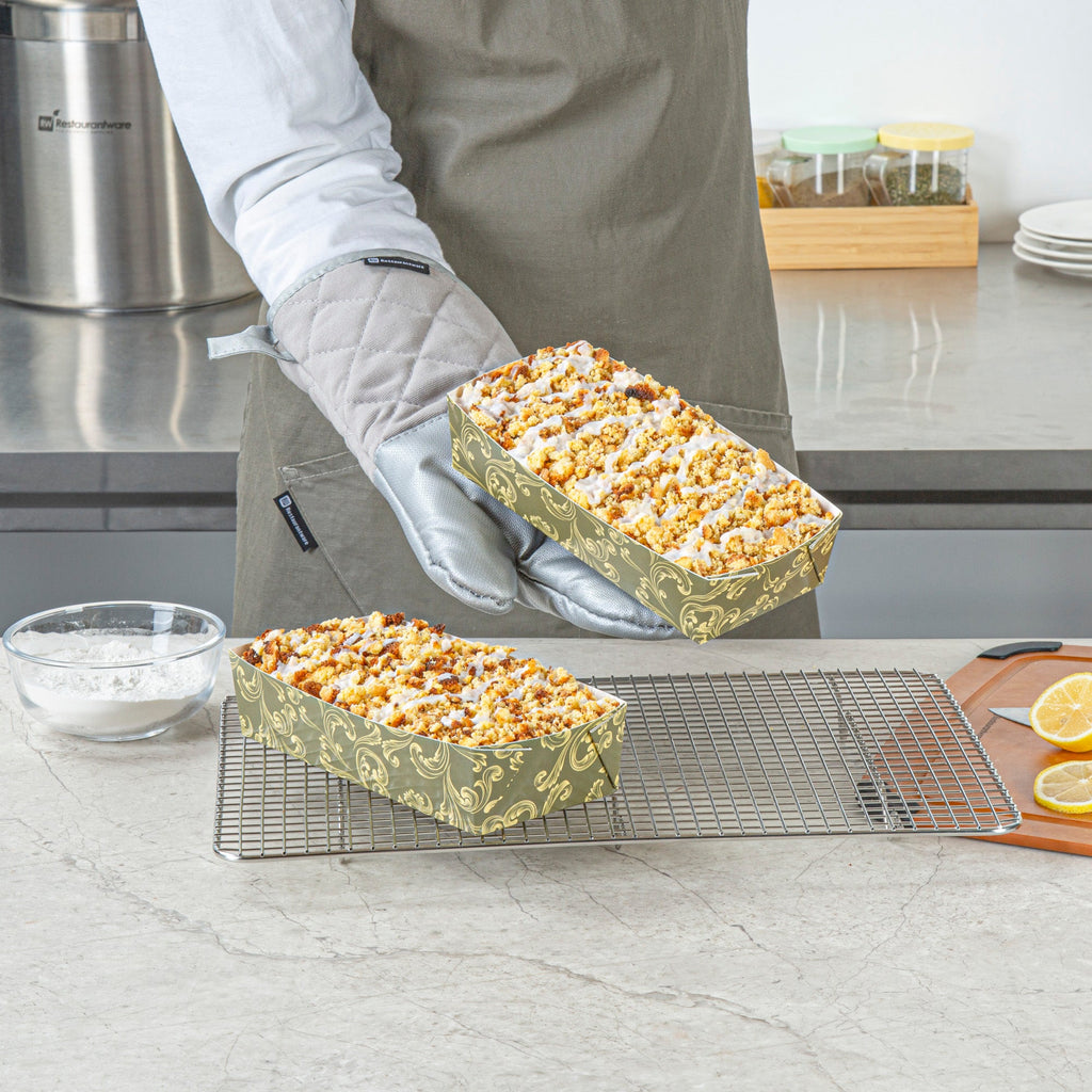 Bake Tek 14 oz Dark Green Vintage Floral Paper Baking Tray - Greaseproof - 7 3/4" x 3 1/2" x 1 3/4" - 100 count box