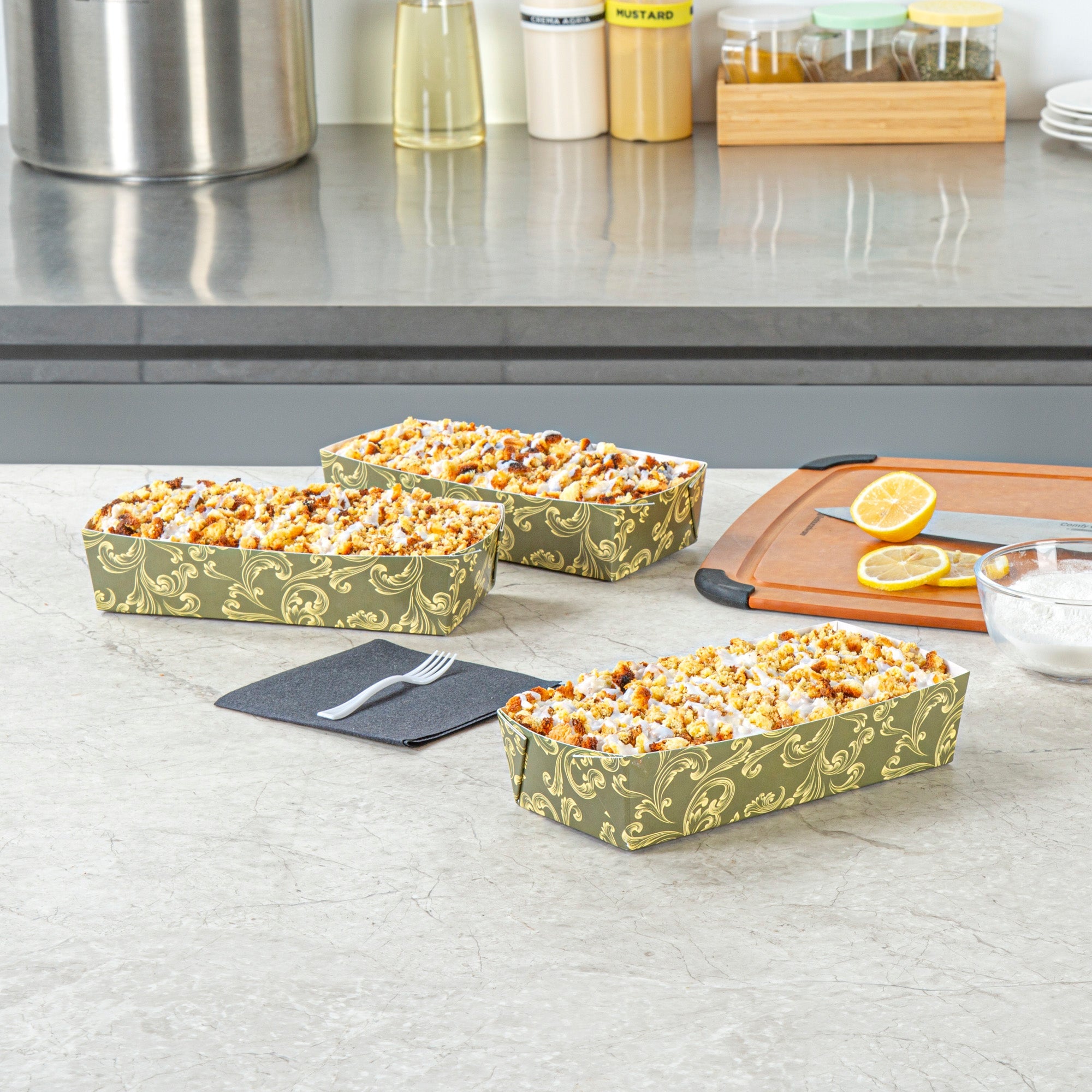 Bake Tek 14 oz Dark Green Vintage Floral Paper Baking Tray - Greaseproof - 7 3/4" x 3 1/2" x 1 3/4" - 100 count box