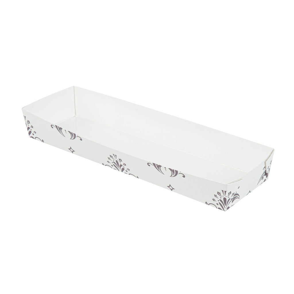 Bake Tek 13 oz Beige Vintage Floral Paper Baking Tray - Greaseproof - 10 3/4" x 3 1/4" x 1 1/2" - 100 count box