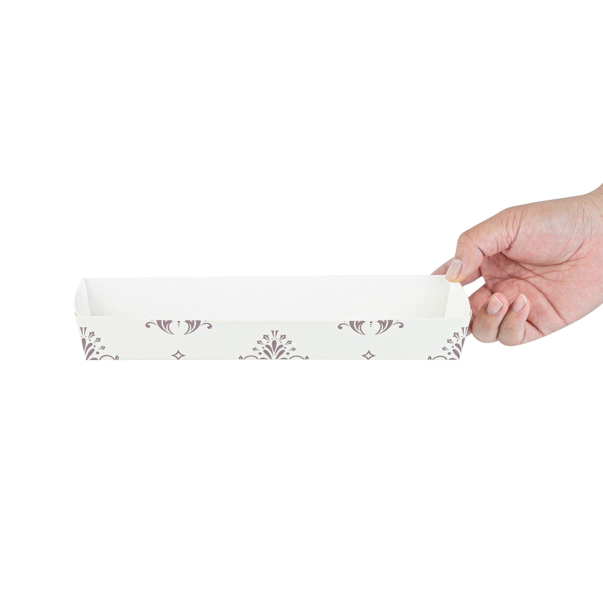 Bake Tek 13 oz Beige Vintage Floral Paper Baking Tray - Greaseproof - 10 3/4" x 3 1/4" x 1 1/2" - 100 count box