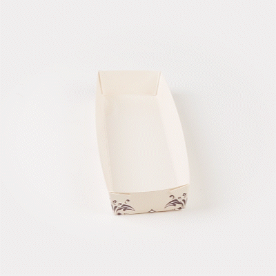 Bake Tek 13 oz Beige Vintage Floral Paper Baking Tray - Greaseproof - 10 3/4" x 3 1/4" x 1 1/2" - 100 count box