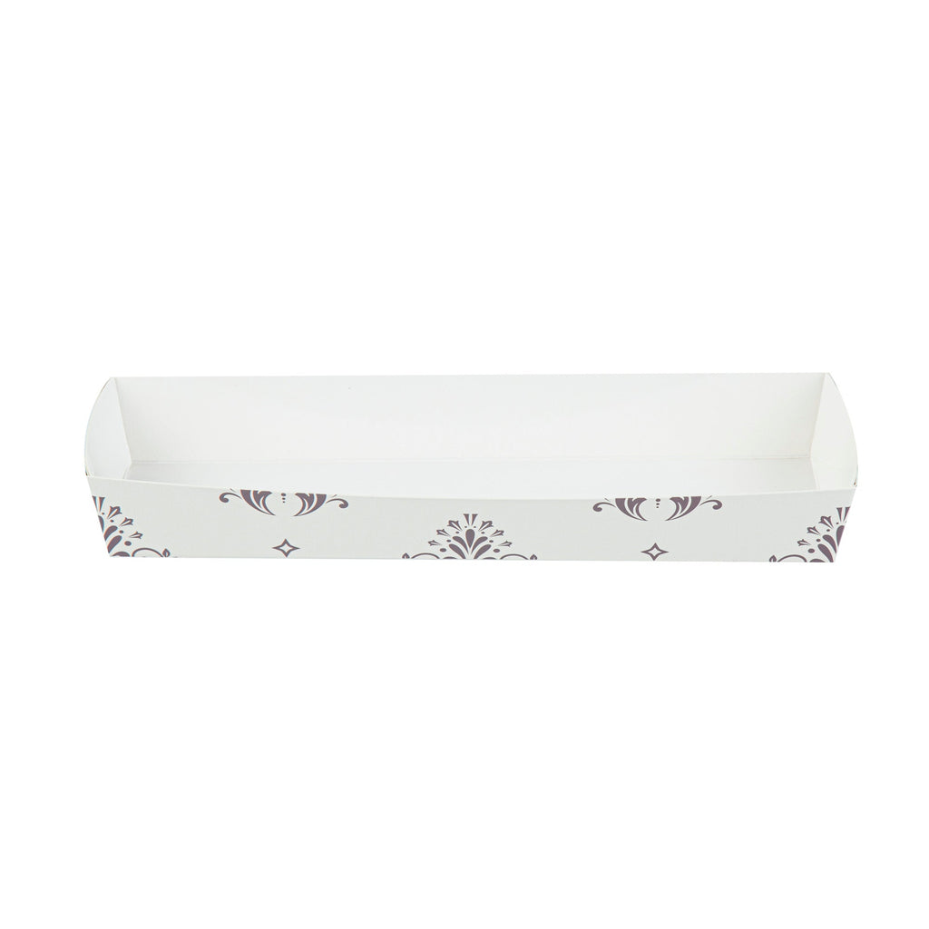 Bake Tek 13 oz Beige Vintage Floral Paper Baking Tray - Greaseproof - 10 3/4" x 3 1/4" x 1 1/2" - 100 count box