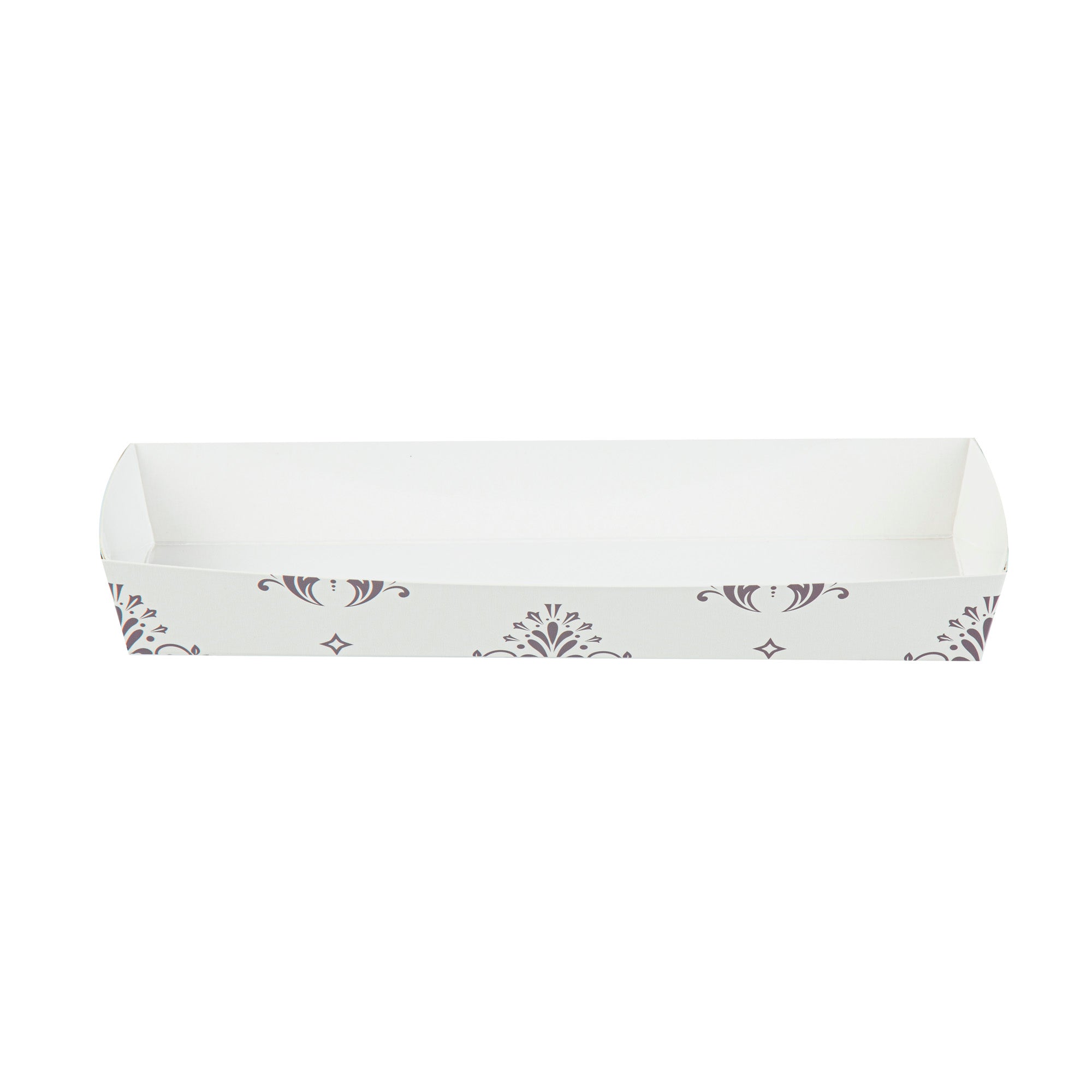 Bake Tek 13 oz Beige Vintage Floral Paper Baking Tray - Greaseproof - 10 3/4" x 3 1/4" x 1 1/2" - 100 count box