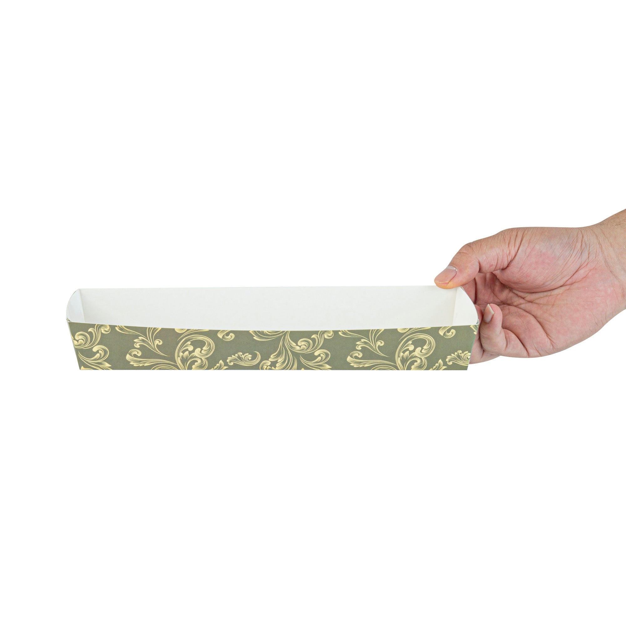 Bake Tek 13 oz Dark Green Vintage Floral Paper Baking Tray - Greaseproof - 10 3/4" x 3 1/4" x 1 1/2" - 100 count box