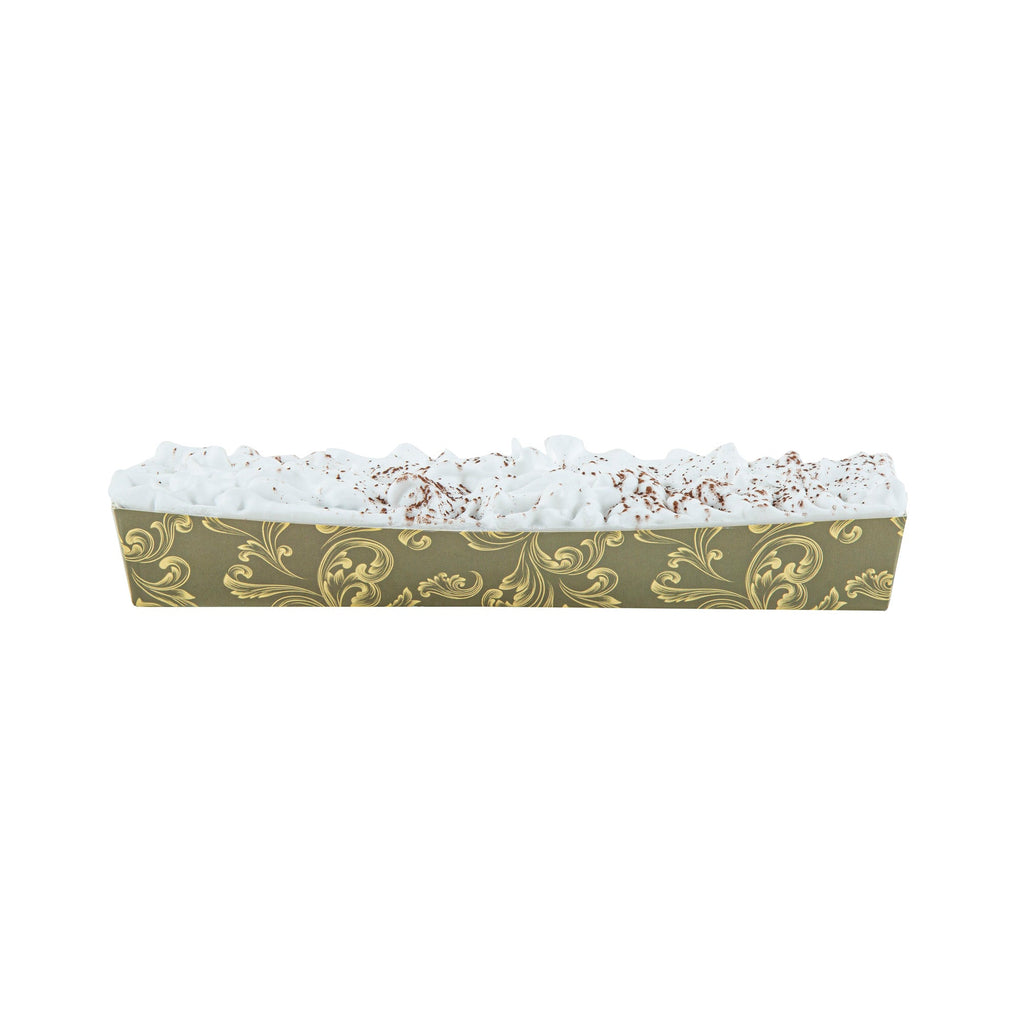 Bake Tek 13 oz Dark Green Vintage Floral Paper Baking Tray - Greaseproof - 10 3/4" x 3 1/4" x 1 1/2" - 100 count box