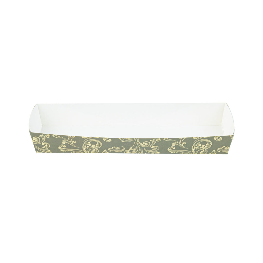 Bake Tek 13 oz Dark Green Vintage Floral Paper Baking Tray - Greaseproof - 10 3/4" x 3 1/4" x 1 1/2" - 100 count box
