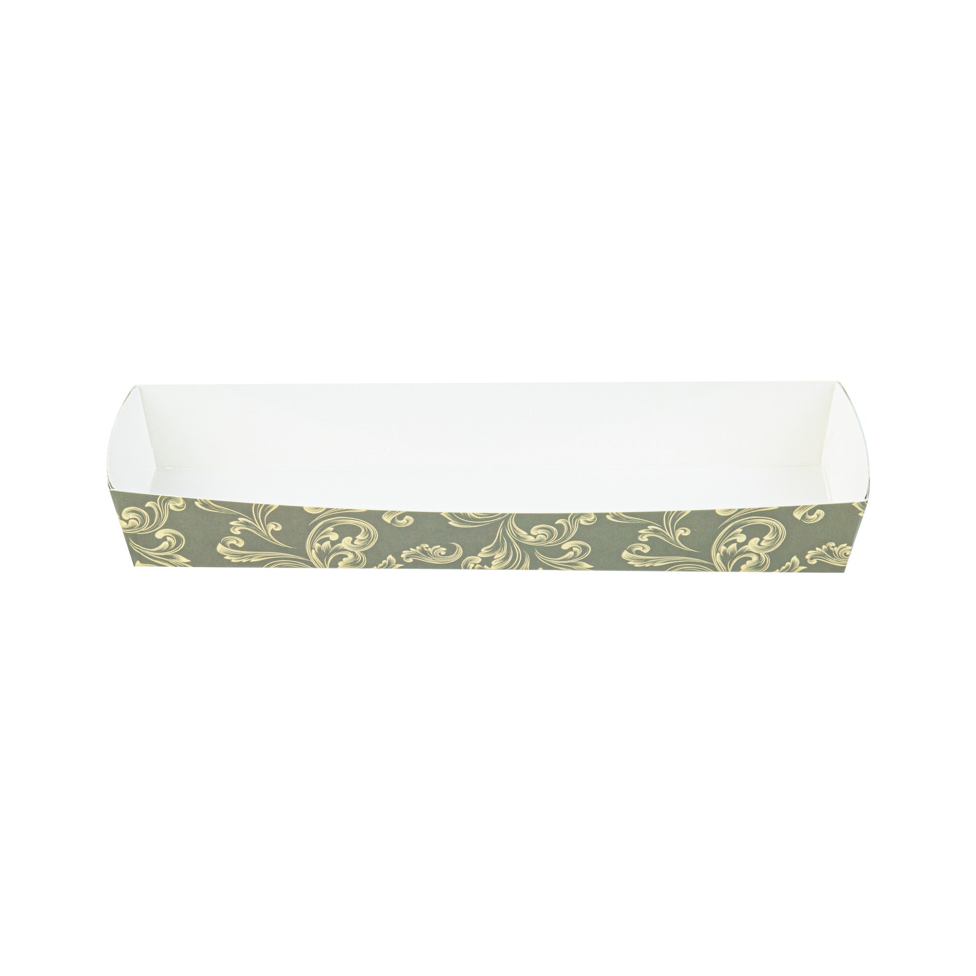 Bake Tek 13 oz Dark Green Vintage Floral Paper Baking Tray - Greaseproof - 10 3/4" x 3 1/4" x 1 1/2" - 100 count box