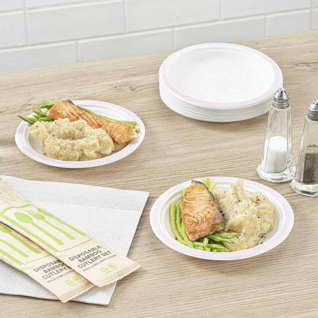 Pulp Safe No PFAS Added Round White Sugarcane / Bagasse Plate - Home Compostable, with Pink Rim - 6" x 6" - 100 count box