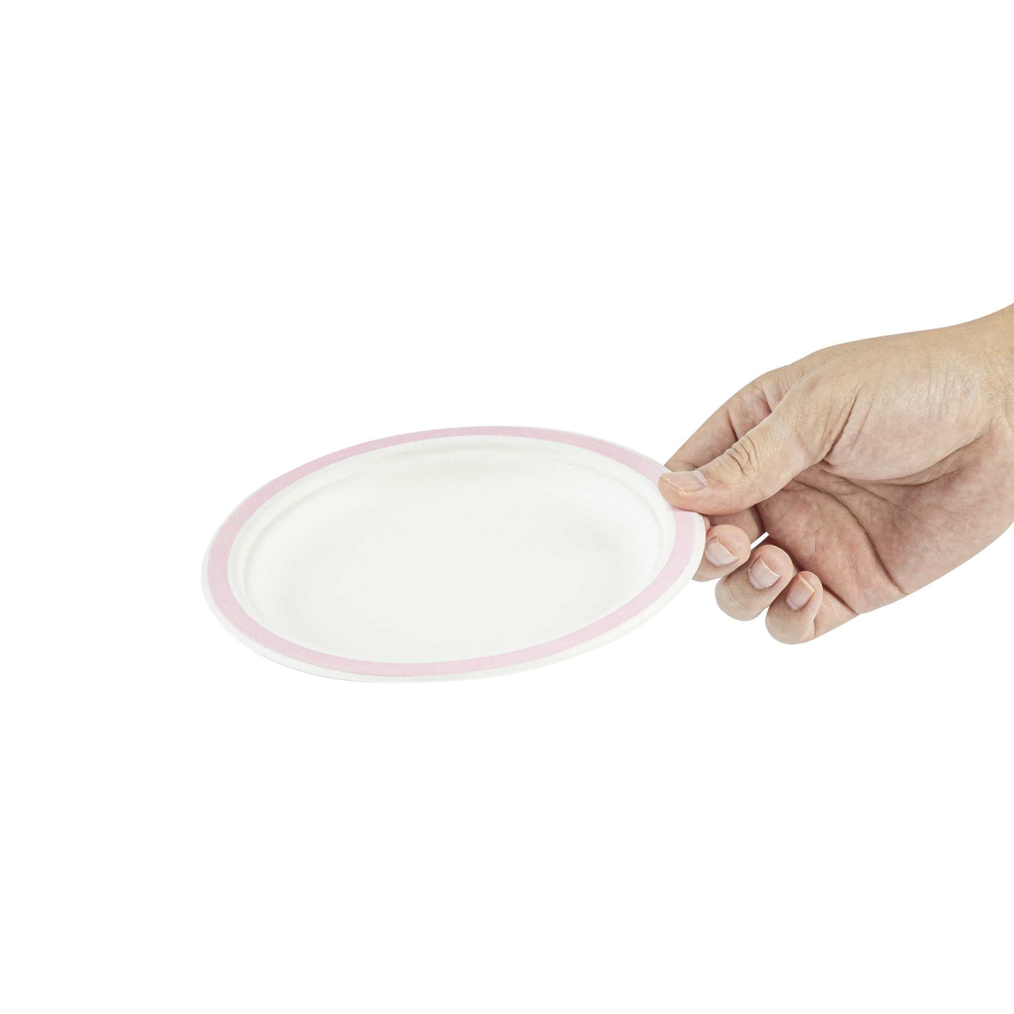 Pulp Safe No PFAS Added Round White Sugarcane / Bagasse Plate - Home Compostable, with Pink Rim - 6" x 6" - 100 count box