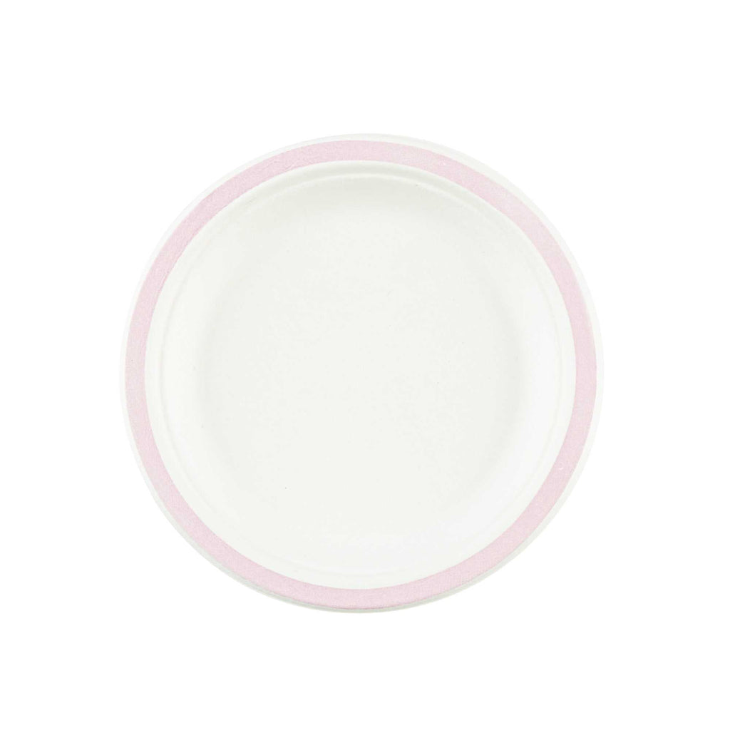 Pulp Safe No PFAS Added Round White Sugarcane / Bagasse Plate - Home Compostable, with Pink Rim - 6" x 6" - 100 count box