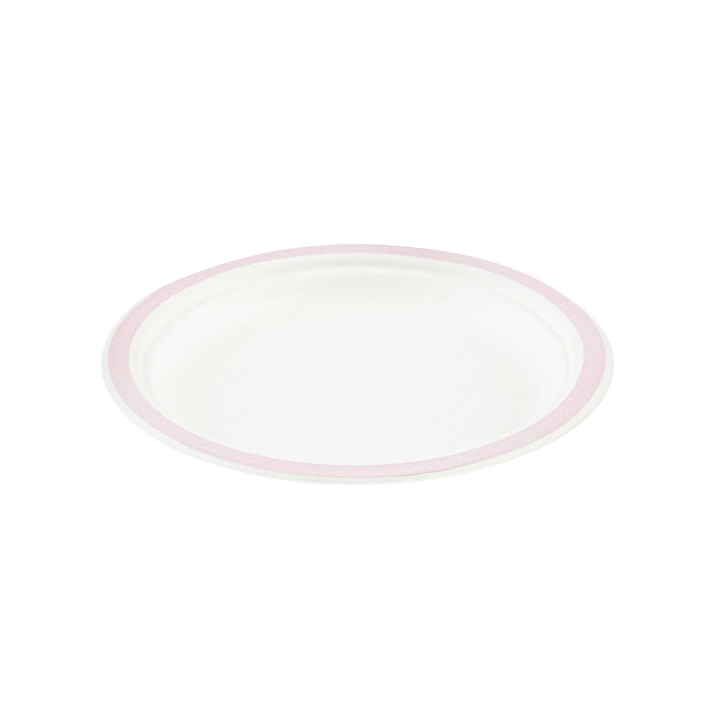 Pulp Safe No PFAS Added Round White Sugarcane / Bagasse Plate - Home Compostable, with Pink Rim - 6" x 6" - 100 count box