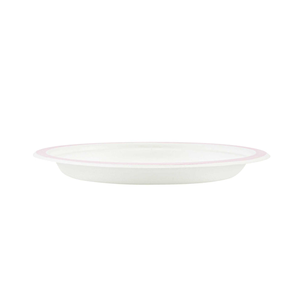 Pulp Safe No PFAS Added Round White Sugarcane / Bagasse Plate - Home Compostable, with Pink Rim - 6" x 6" - 100 count box