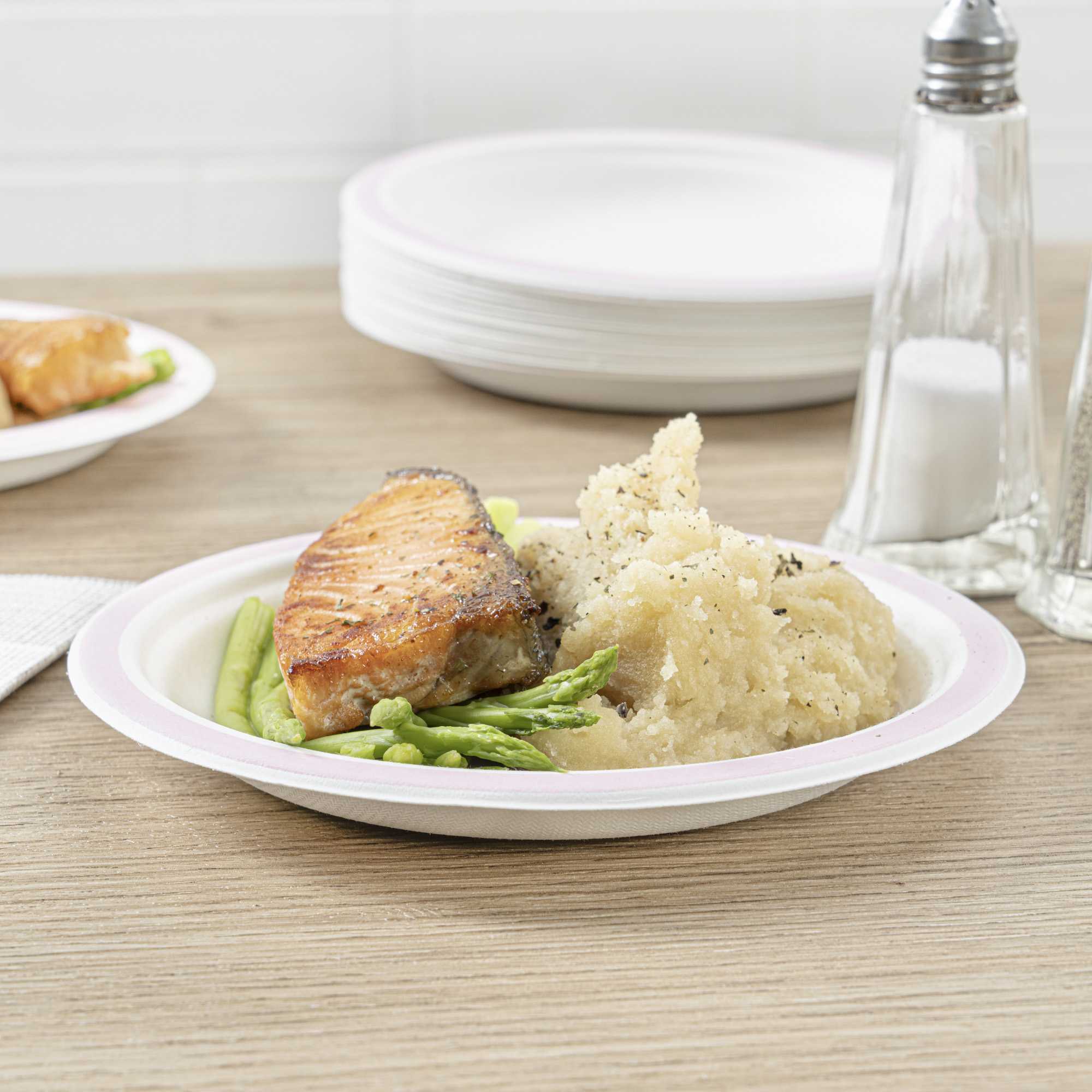 Pulp Safe No PFAS Added Round White Sugarcane / Bagasse Plate - Home Compostable, with Pink Rim - 6" x 6" - 100 count box