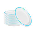 Pulp Safe No PFAS Added Round White Sugarcane / Bagasse Plate - Home Compostable, with Blue Rim - 8 3/4" x 8 3/4" - 100 count box