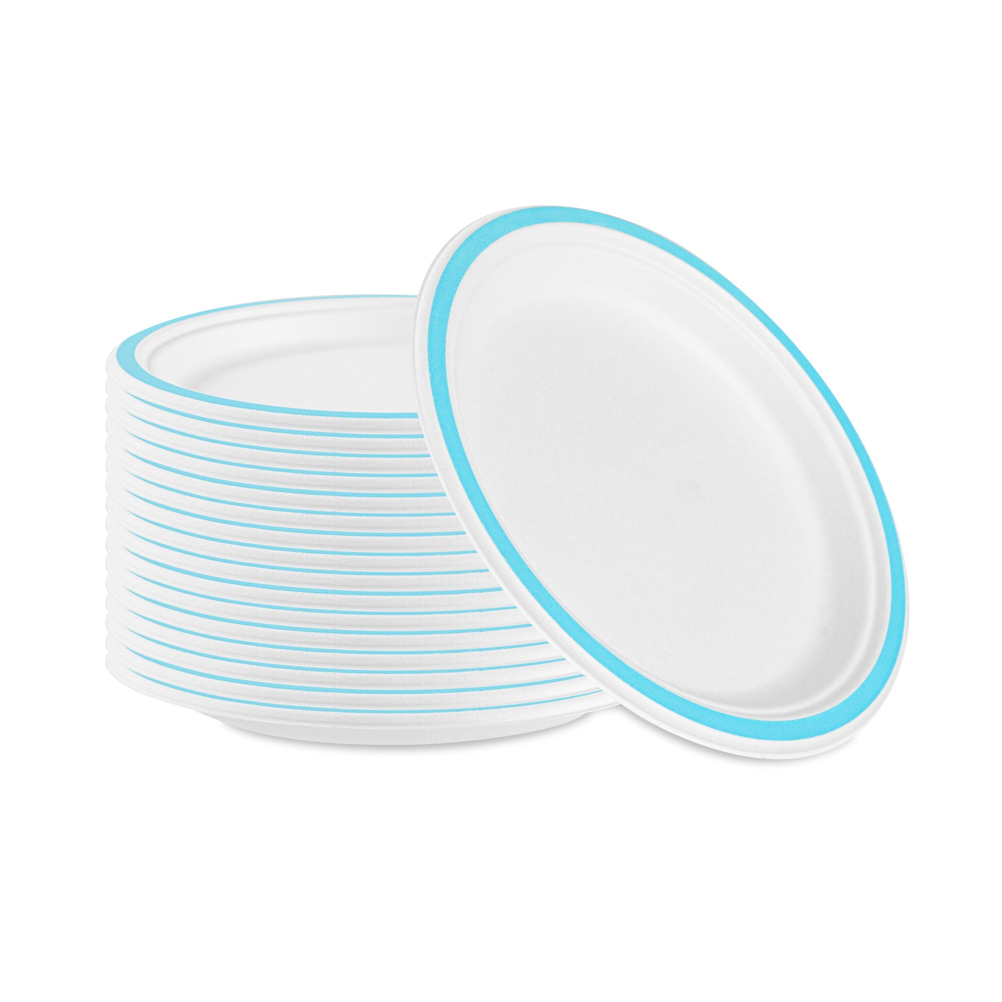 Pulp Safe No PFAS Added Round White Sugarcane / Bagasse Plate - Home Compostable, with Blue Rim - 8 3/4" x 8 3/4" - 100 count box