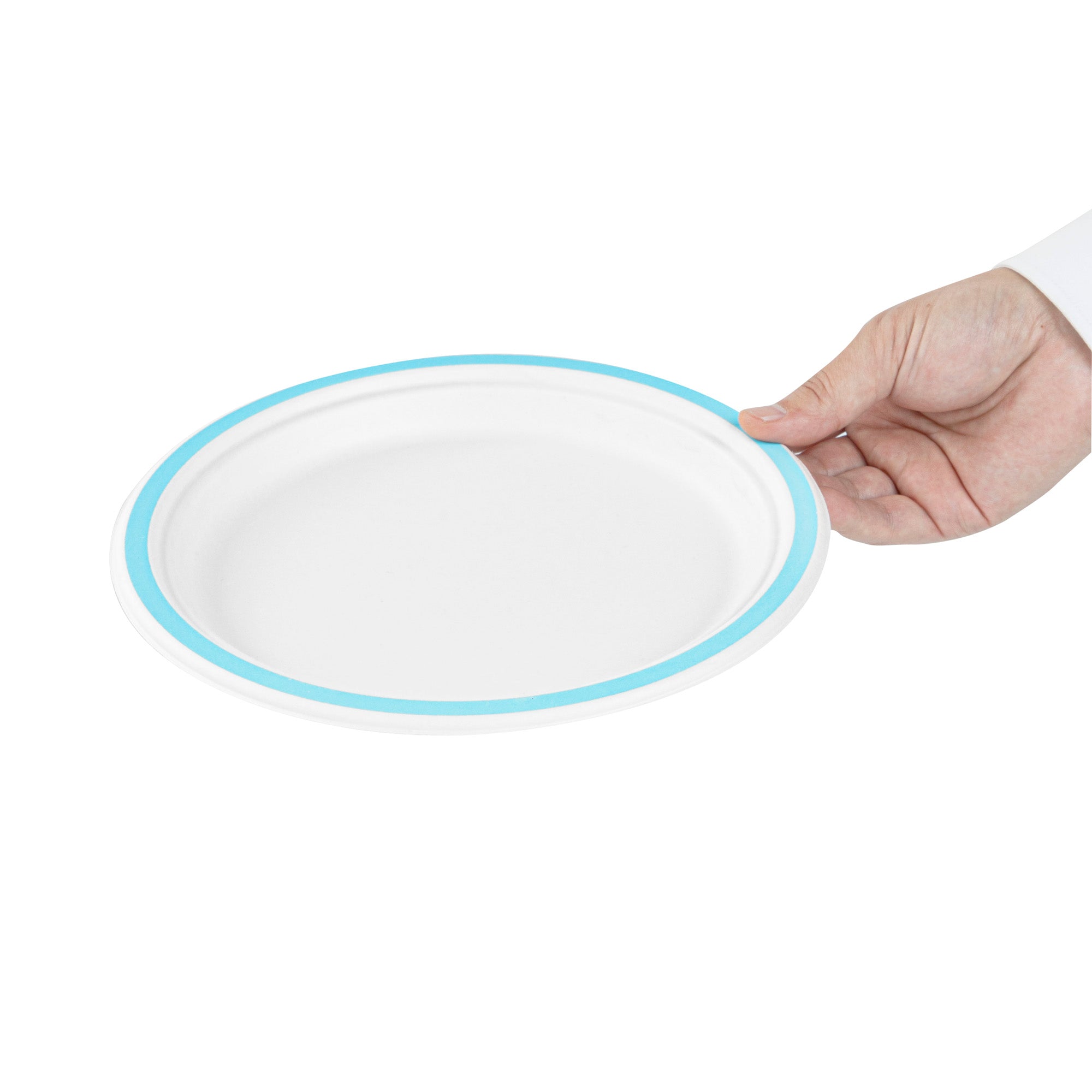 Pulp Safe No PFAS Added Round White Sugarcane / Bagasse Plate - Home Compostable, with Blue Rim - 8 3/4" x 8 3/4" - 100 count box