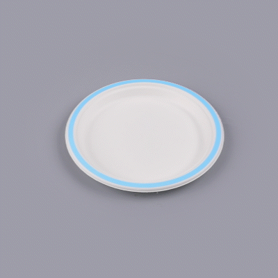 Pulp Safe No PFAS Added Round White Sugarcane / Bagasse Plate - Home Compostable, with Blue Rim - 8 3/4" x 8 3/4" - 100 count box