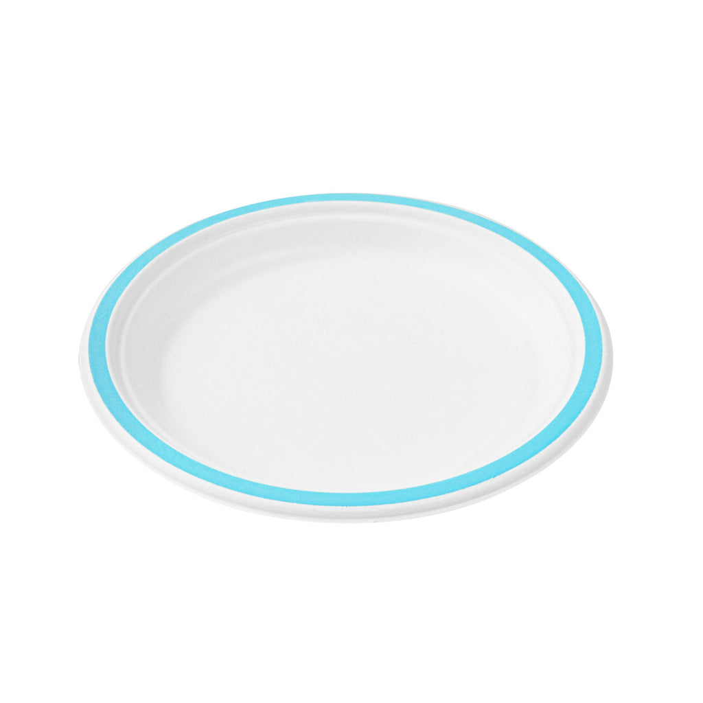 Pulp Safe No PFAS Added Round White Sugarcane / Bagasse Plate - Home Compostable, with Blue Rim - 8 3/4" x 8 3/4" - 100 count box