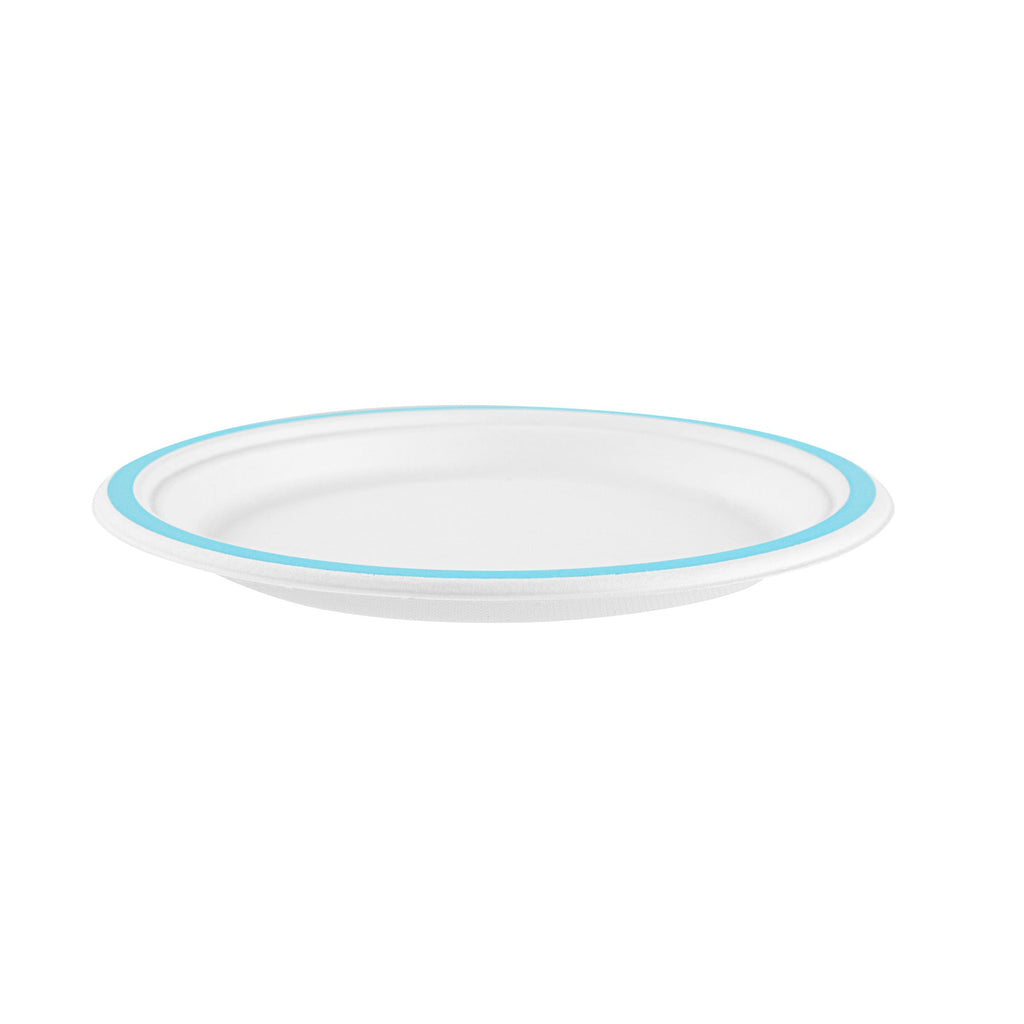 Pulp Safe No PFAS Added Round White Sugarcane / Bagasse Plate - Home Compostable, with Blue Rim - 8 3/4" x 8 3/4" - 100 count box