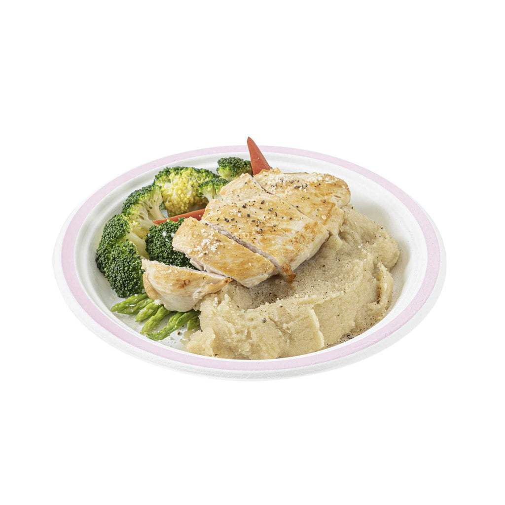 Pulp Safe No PFAS Added Round White Sugarcane / Bagasse Plate - Home Compostable, with Pink Rim - 8 3/4" x 8 3/4" - 100 count box