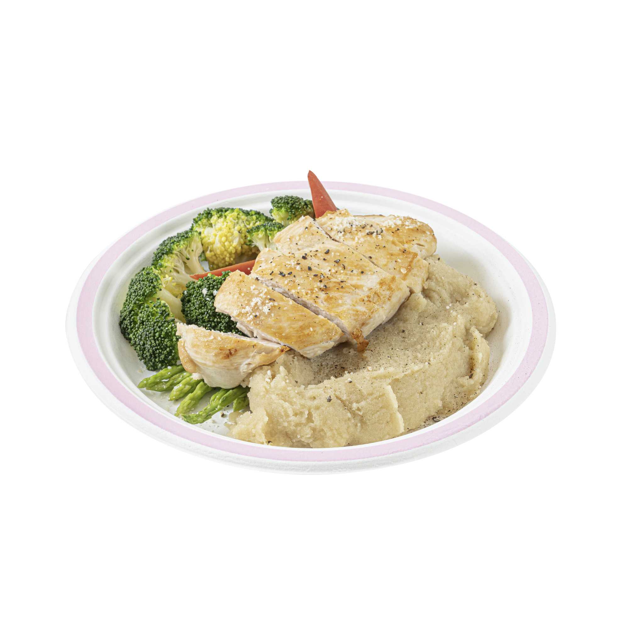 Pulp Safe No PFAS Added Round White Sugarcane / Bagasse Plate - Home Compostable, with Pink Rim - 8 3/4" x 8 3/4" - 100 count box