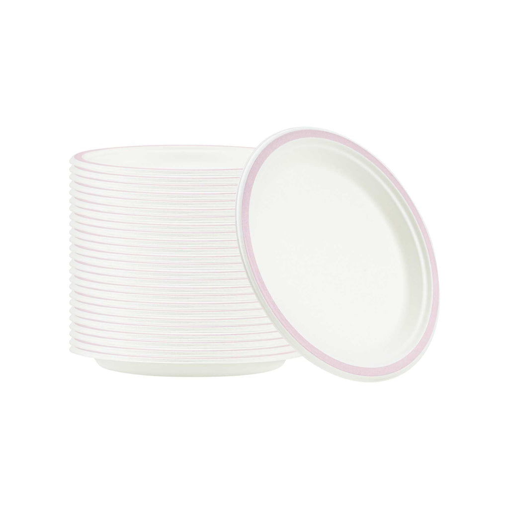 Pulp Safe No PFAS Added Round White Sugarcane / Bagasse Plate - Home Compostable, with Pink Rim - 8 3/4" x 8 3/4" - 100 count box