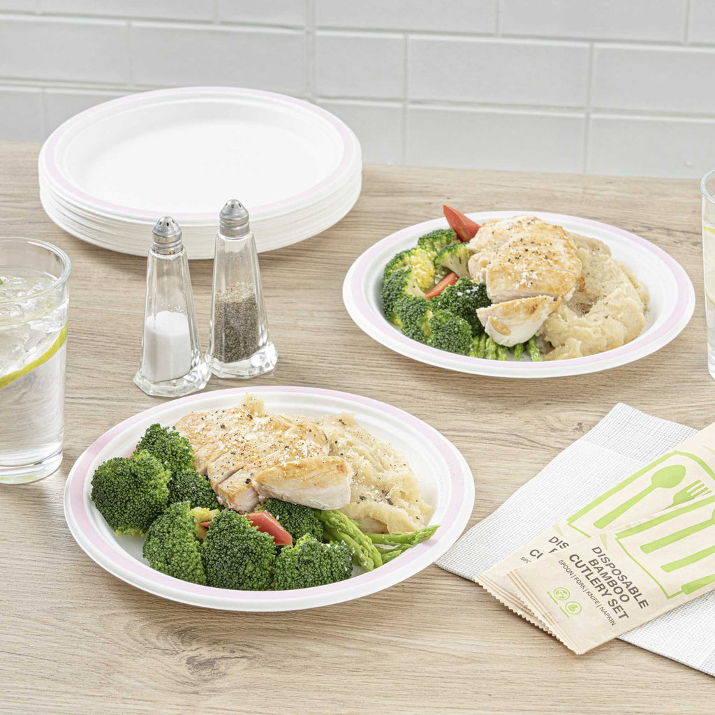 Pulp Safe No PFAS Added Round White Sugarcane / Bagasse Plate - Home Compostable, with Pink Rim - 8 3/4" x 8 3/4" - 100 count box