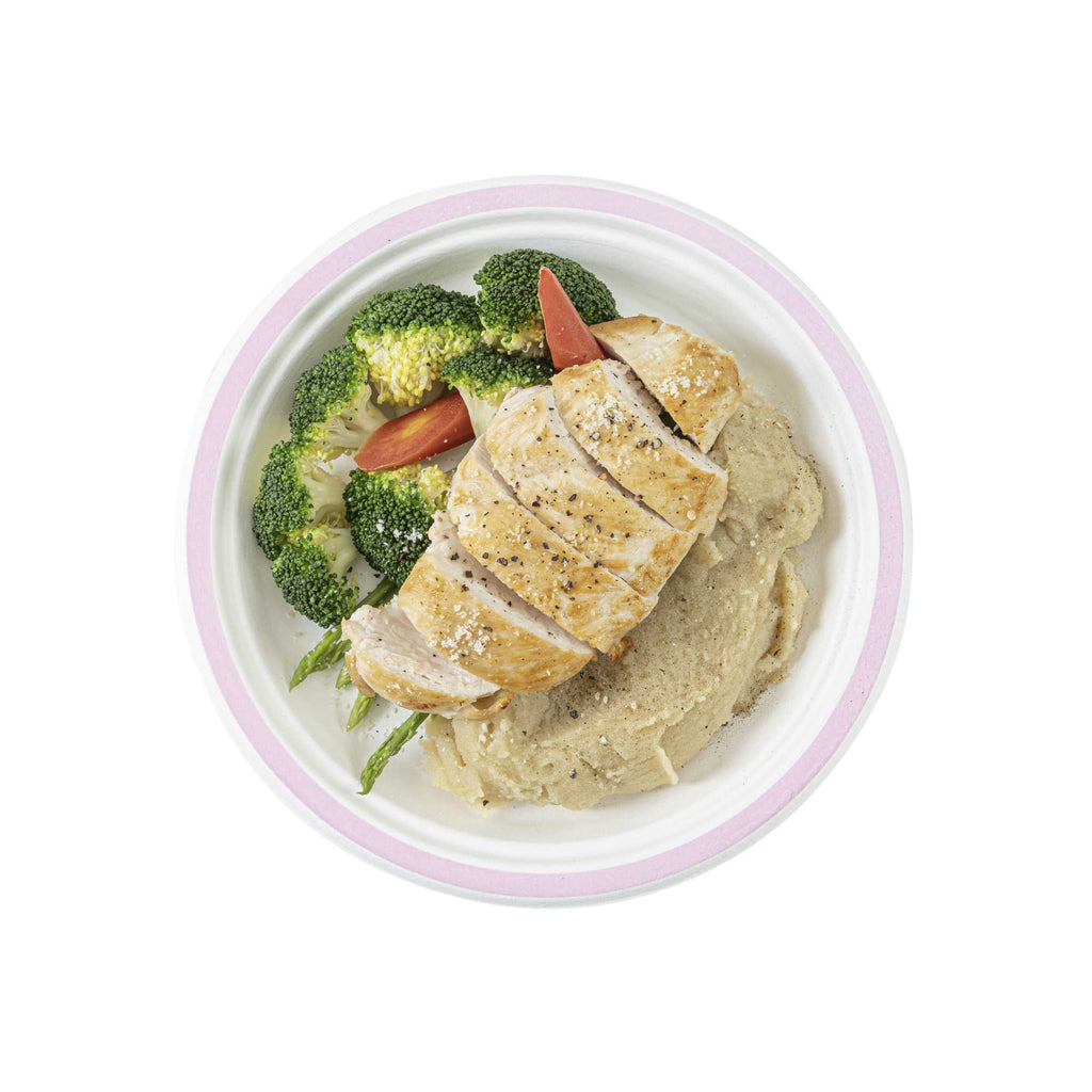 Pulp Safe No PFAS Added Round White Sugarcane / Bagasse Plate - Home Compostable, with Pink Rim - 8 3/4" x 8 3/4" - 100 count box