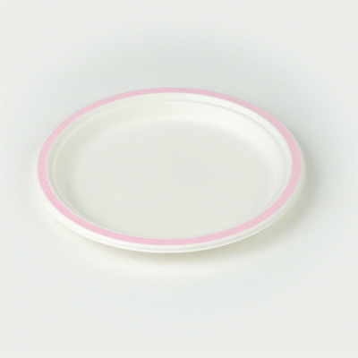 Pulp Safe No PFAS Added Round White Sugarcane / Bagasse Plate - Home Compostable, with Pink Rim - 8 3/4" x 8 3/4" - 100 count box