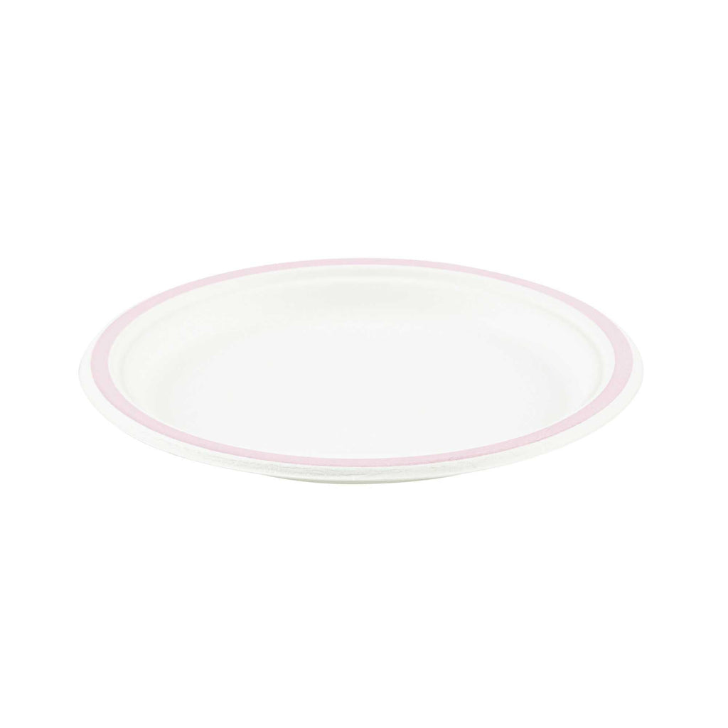 Pulp Safe No PFAS Added Round White Sugarcane / Bagasse Plate - Home Compostable, with Pink Rim - 8 3/4" x 8 3/4" - 100 count box