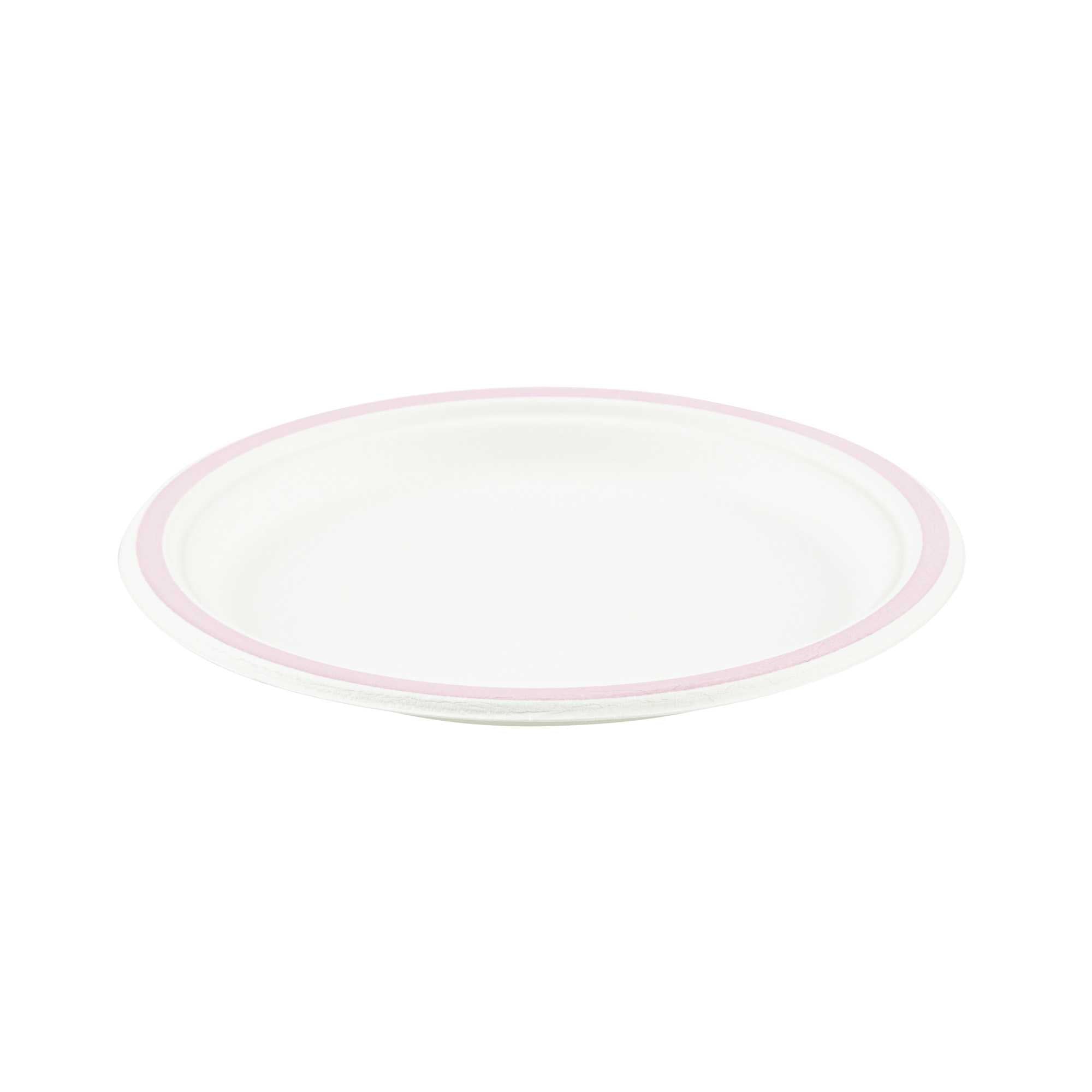 Pulp Safe No PFAS Added Round White Sugarcane / Bagasse Plate - Home Compostable, with Pink Rim - 8 3/4" x 8 3/4" - 100 count box