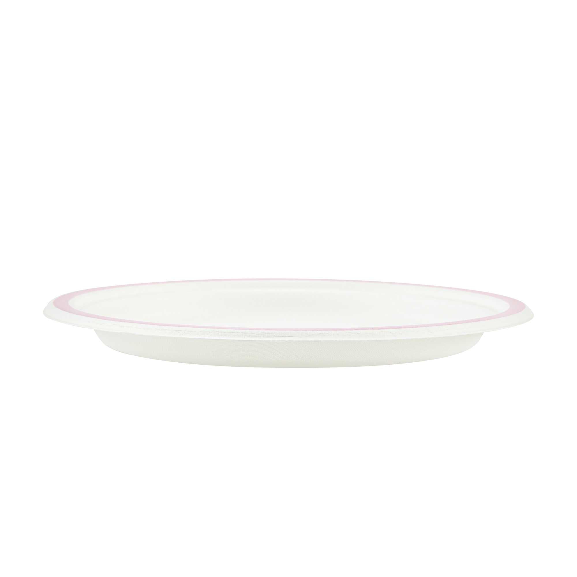 Pulp Safe No PFAS Added Round White Sugarcane / Bagasse Plate - Home Compostable, with Pink Rim - 8 3/4" x 8 3/4" - 100 count box