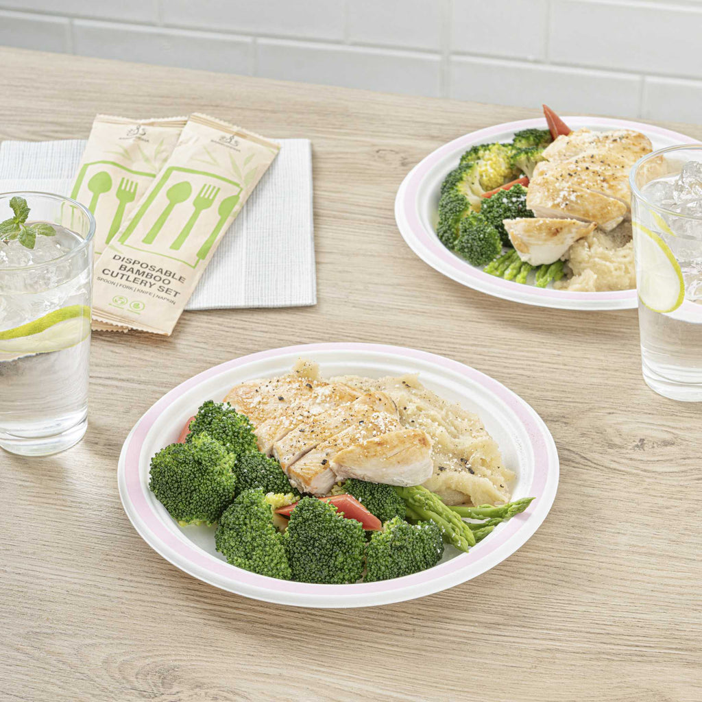 Pulp Safe No PFAS Added Round White Sugarcane / Bagasse Plate - Home Compostable, with Pink Rim - 8 3/4" x 8 3/4" - 100 count box