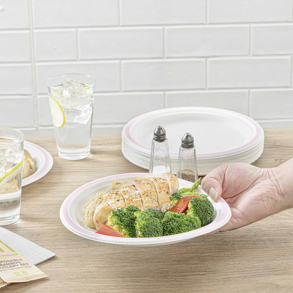 Pulp Safe No PFAS Added Round White Sugarcane / Bagasse Plate - Home Compostable, with Pink Rim - 8 3/4" x 8 3/4" - 100 count box