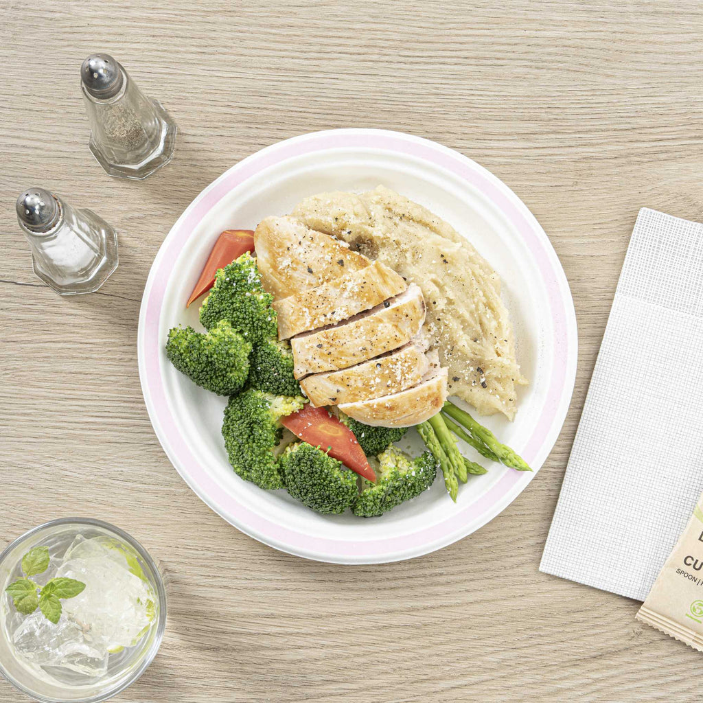 Pulp Safe No PFAS Added Round White Sugarcane / Bagasse Plate - Home Compostable, with Pink Rim - 8 3/4" x 8 3/4" - 100 count box