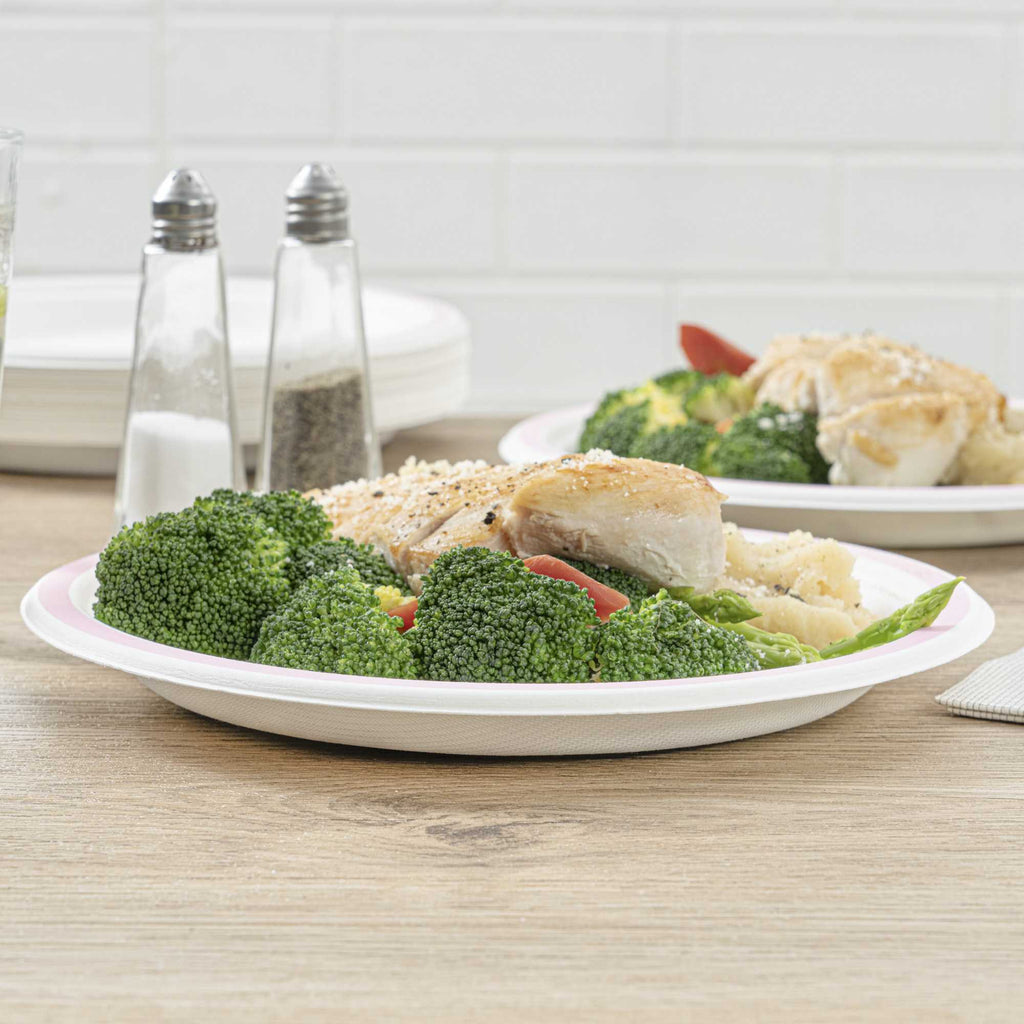 Pulp Safe No PFAS Added Round White Sugarcane / Bagasse Plate - Home Compostable, with Pink Rim - 8 3/4" x 8 3/4" - 100 count box