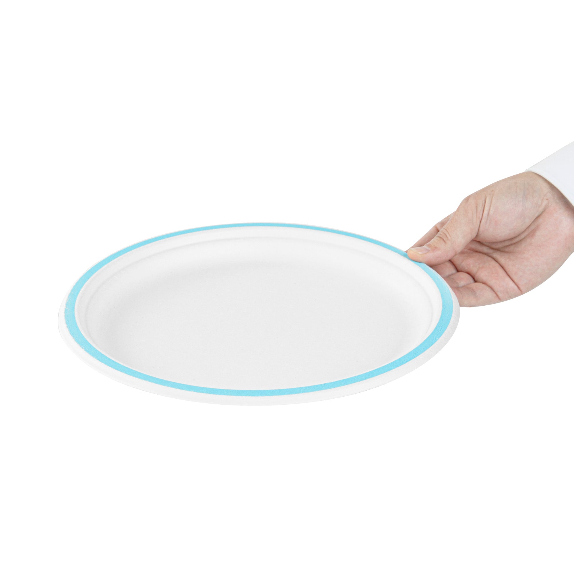 Pulp Safe No PFAS Added Round White Sugarcane / Bagasse Plate - Home Compostable, with Blue Rim - 10 1/4" x 10 1/4" - 100 count box
